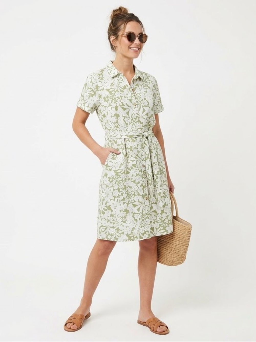 FatFace Green Floral Linen Blend Belted Shirt Dress Pockets Short Sleeve US 8